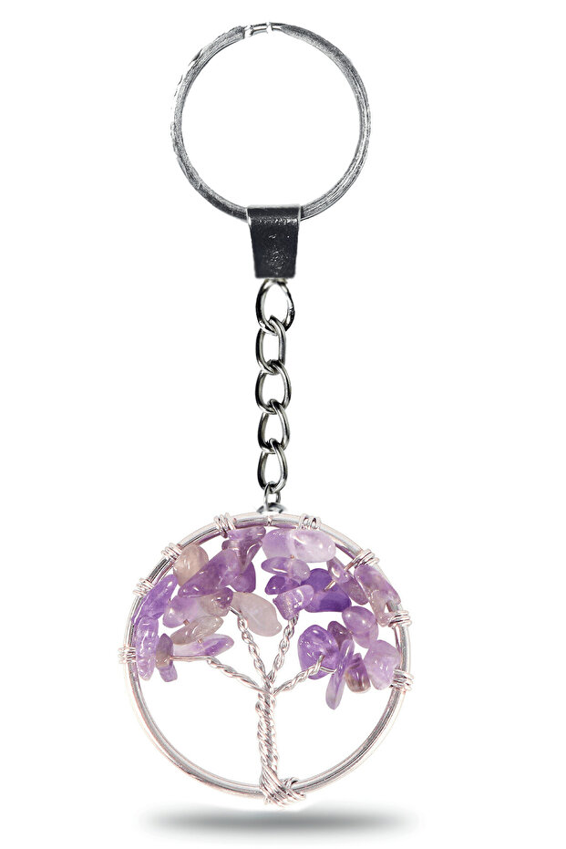 Certified Amethyst Stone Tree of Life Natural Stone Keychain