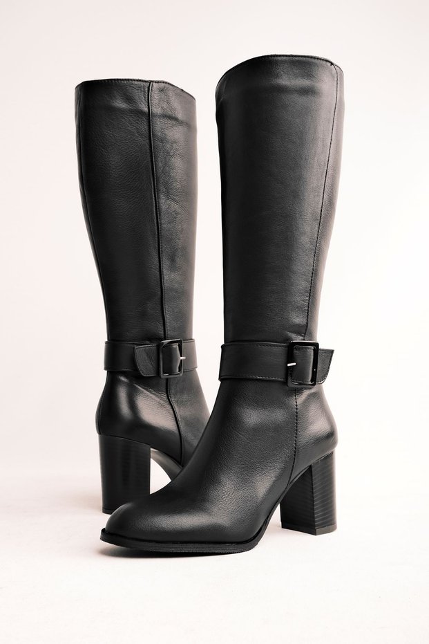 Alisa Women's Genuine Leather Heeled Boots with Belt Detail - black
