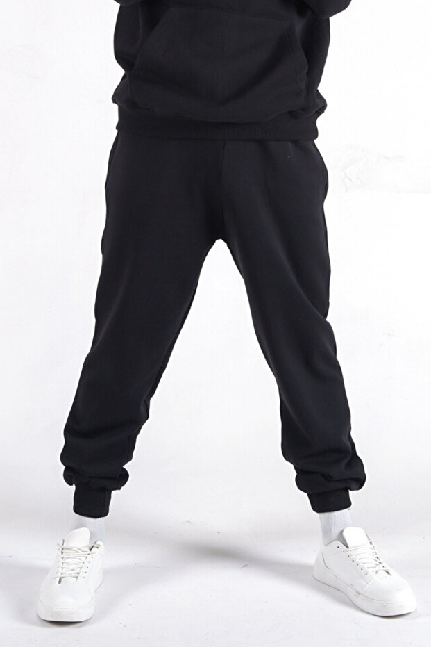 Black Men's Regular Rubber Leg Basic Sweatpants - 1