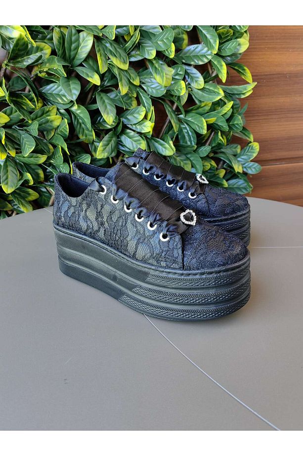 Siyah Dantel Siyah İşlemeli Ayakkabı 7CM Taban Siyah Spor Platform Ayakkabı - 4