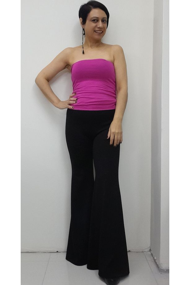 Siyah beli lastikli İspanyol paça çelik örme pantolon - 4