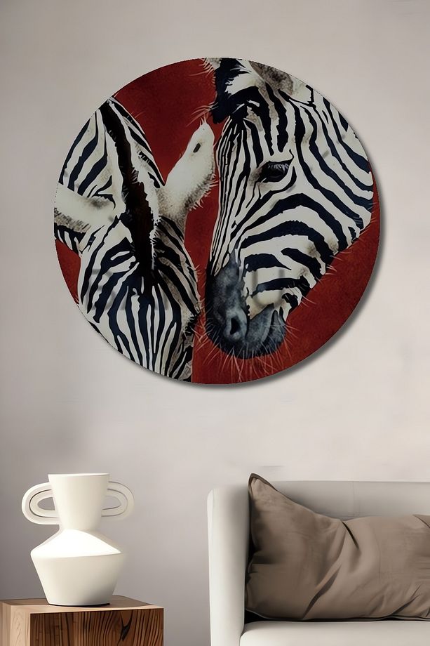 Dekoratif Modern Soyut Zebra Ahşap Tablo Şık Yuvarlak Duvar Dekorasyon Tablosu - 1