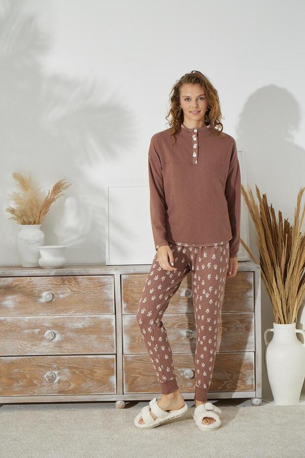 Women's Long Sleeve Jacquard Thick Brown Pajamas Set C1T5N1O94