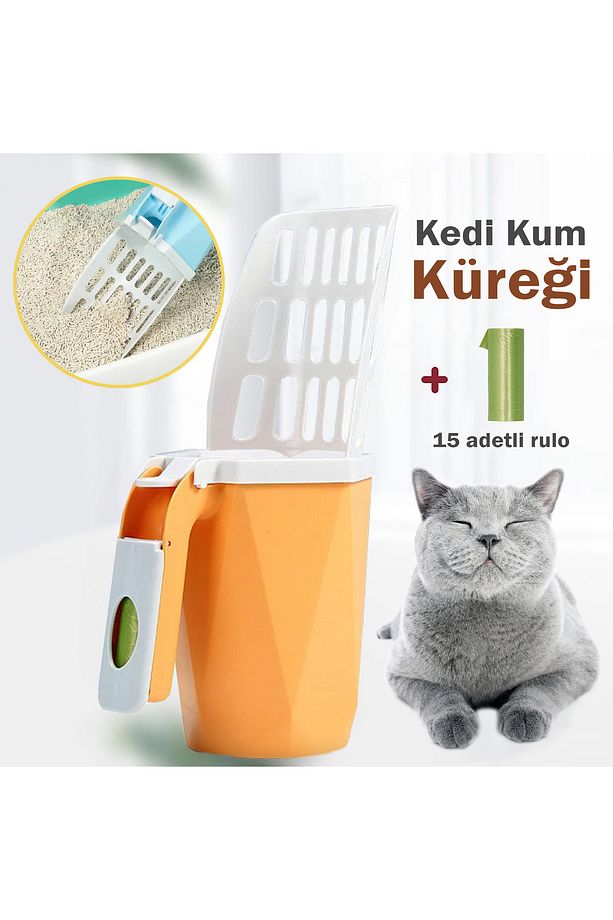 Yeni Nesil Elekli Poşet Hazneli Kedi Kumu Küreği - Turuncu - 2