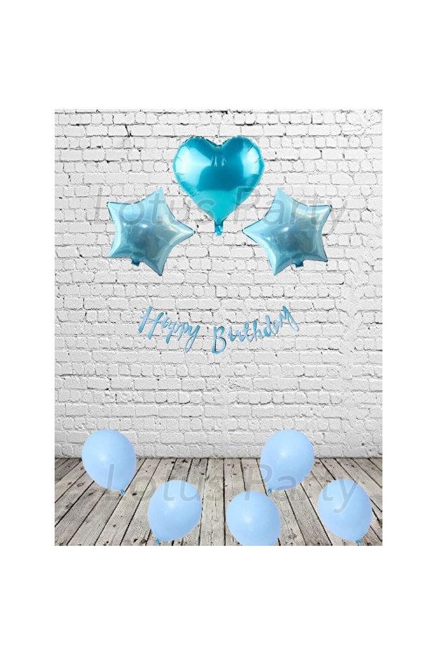 Blue Color Birthday Party Set - Blue Heart and Star Blue Happy Birthday Text - Blue Balloon