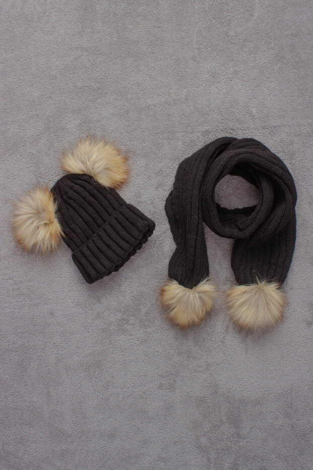 Set beretă eșarfă cu pompon dublu - 1