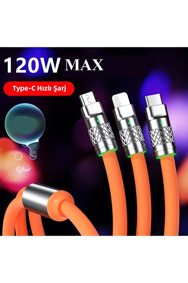 ALLY 3 in 1 Usb to Type-C + Micro Usb + Lightning 120W Hızlı Şarj Kablosu - 1