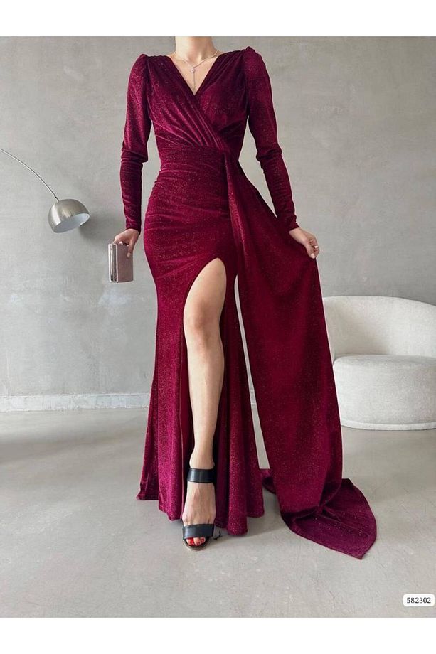 ESNEK SİMLİ KADİFE KUMAŞ BORDO RENK UZUN KOLLU YIRTMAÇLI ABİYE ELBİSE GL-718 582302 - 3