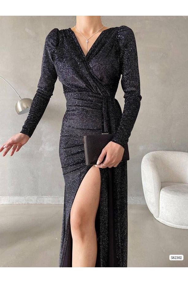 ESNEK SİMLİ KADİFE KUMAŞ BORDO RENK UZUN KOLLU YIRTMAÇLI ABİYE ELBİSE GL-718 582302 - 3
