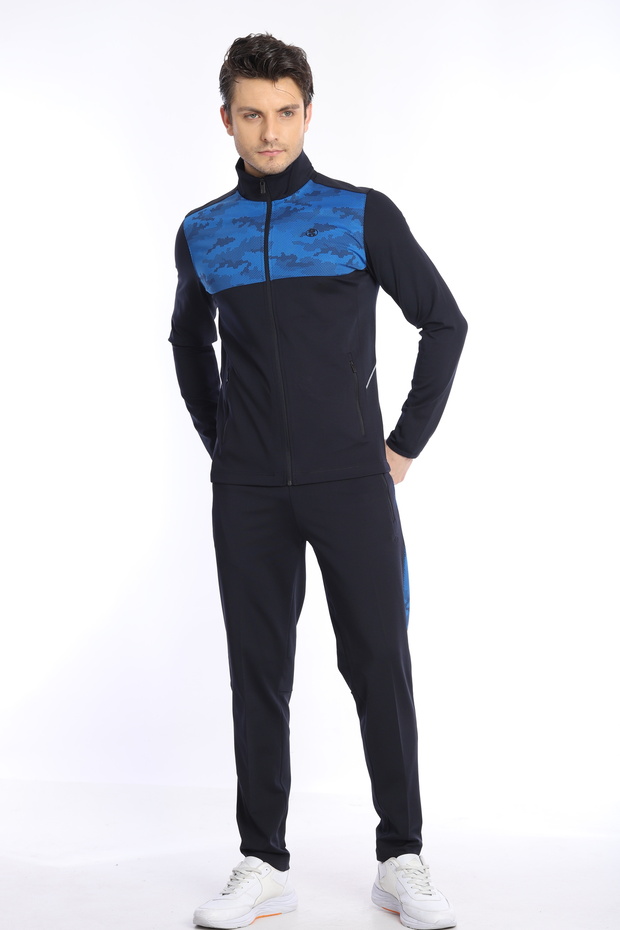 Men's Navy Blue-Sax Diver Fabric Patterned Print Tracksuit Set