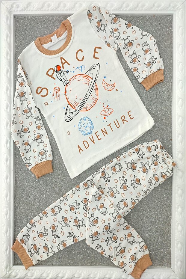 Unisex Vision Astronaut Space Written Children's 2-Piece Combed Cotton Pajamas Set
