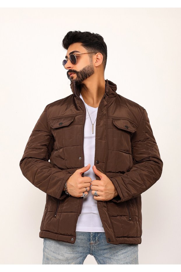 Brown Large Checkered Regular Fit Men's Quilted Coat