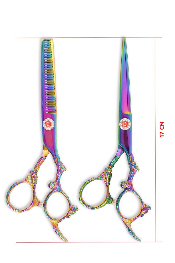 Rainbow İşlemeli Profesyonel Berber Kuaför Makas Seti Düz Makas Ara 2'li Makas Set XLQ502 - 7