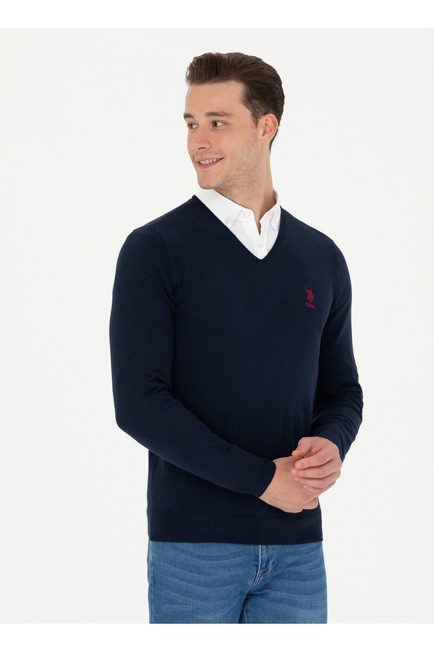 BASE. Polo Assn. V-Neck Slim Fit Navy Blue Men's Sweater GTD02-GLBSK23
