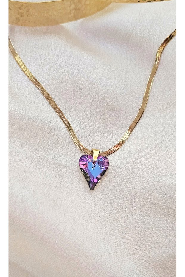 Steel Italian chain purple heart glass necklace, pointed glass heart, daily tarnishproof jewelry, women's design, gift