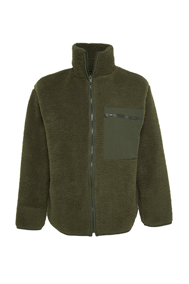 Winter Essentials Haki Kalın Polar Fermuarlı Dik Yaka Uzun Kol Cepli Örme Sweatshirt TWOAW24SW00071 - 7