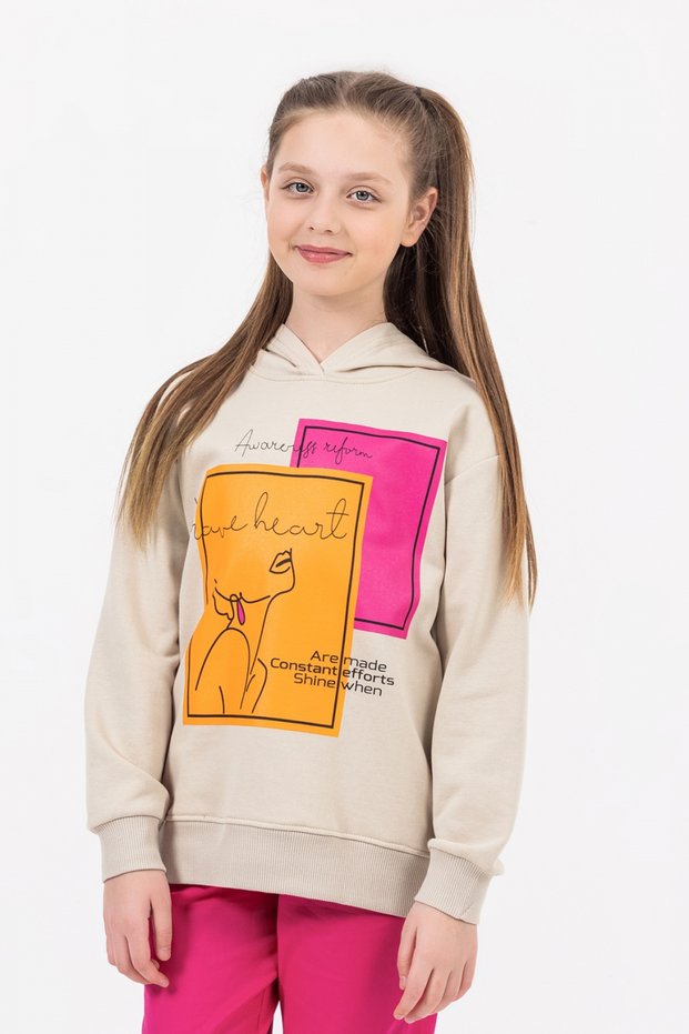 9-14 Years Old Printed Long Sleeve Hooded Girl's Sweat
