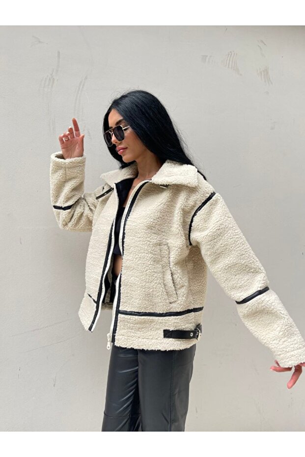 Suede Teddy Coat with Belt and Leather Details