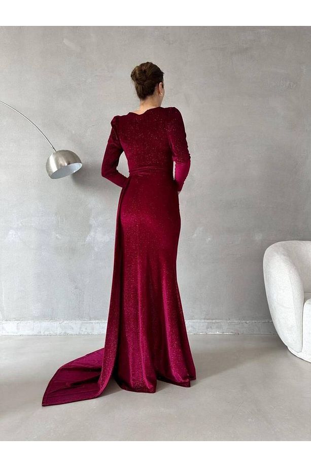 ESNEK SİMLİ KADİFE KUMAŞ BORDO RENK UZUN KOLLU YIRTMAÇLI ABİYE ELBİSE GL-718 582302 - 5