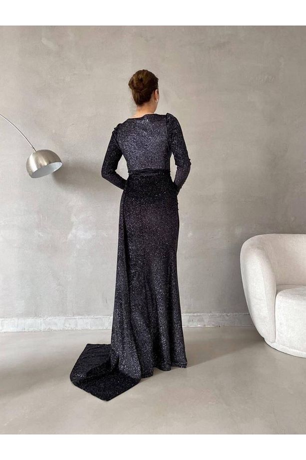 ESNEK SİMLİ KADİFE KUMAŞ BORDO RENK UZUN KOLLU YIRTMAÇLI ABİYE ELBİSE GL-718 582302 - 6