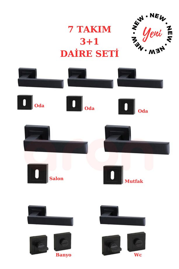 (7 TAKIM) Kale Lama Rozetli Kapı Kolu (3*1) Daire Seti Mat Siyah (5 ODA - 2 BANYO / WC) - 1