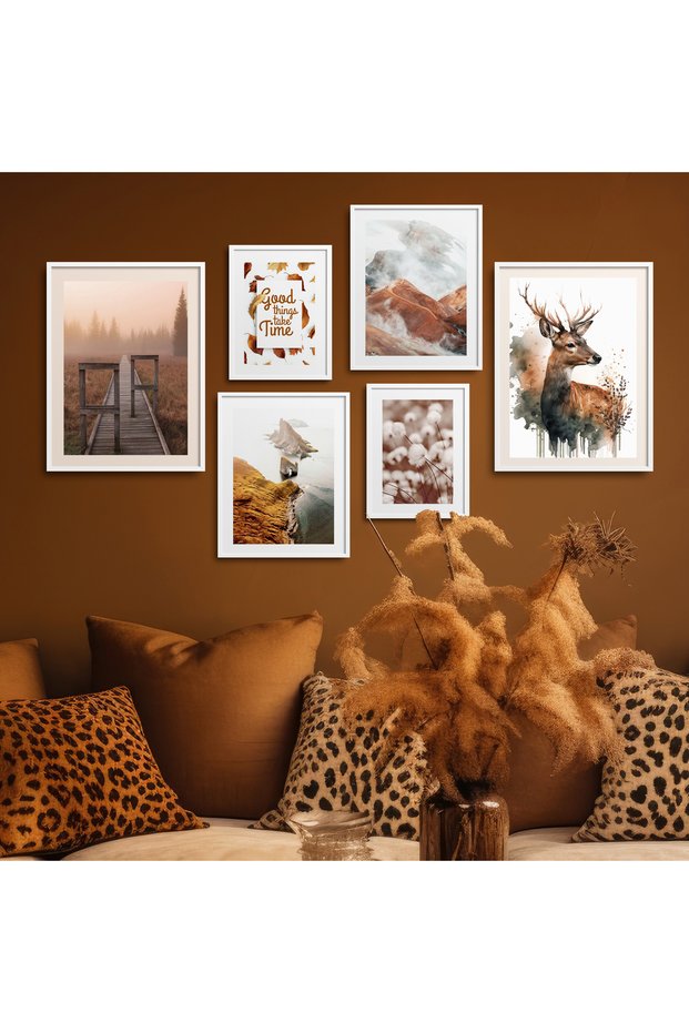 Framed Painting Set of Six Autumn Themed Reindeer Poster Painting Six-26