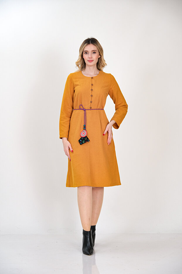 Plain Flannel Buttoned Front Mustard Yellow Winter Dress