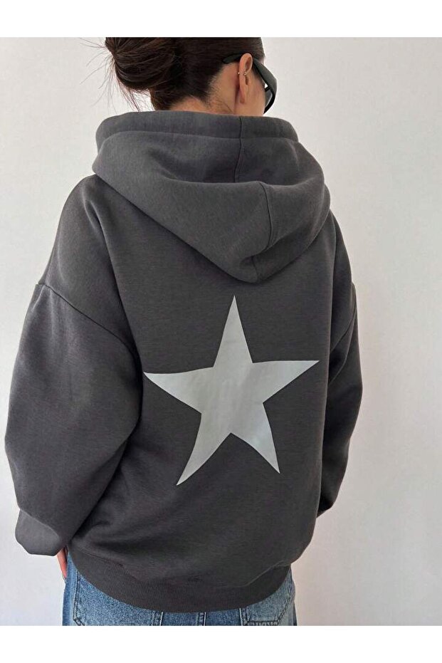 Unisex Large Size Stone Gray Star Printed Hooded Oversize Sweatshirt Hoodie