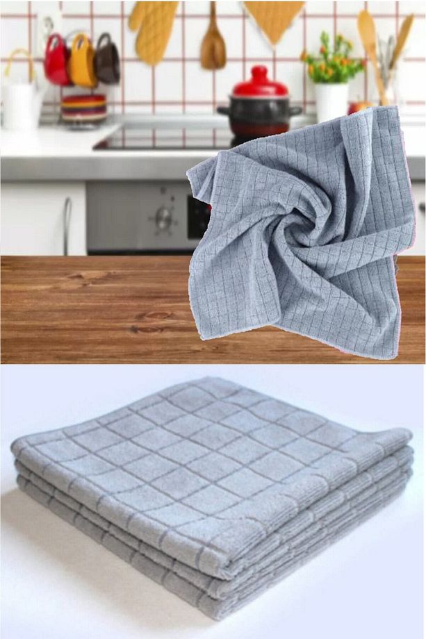 ( 3 Adet ) Profosyonel Gri Kareli Mutfak Temizlik Bezi 40x40cm - 3