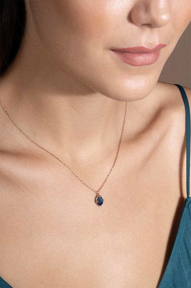 Lapis Lazuli Taşlı Minimal Gümüş Kadın Kolye-Rose Rengi - 3