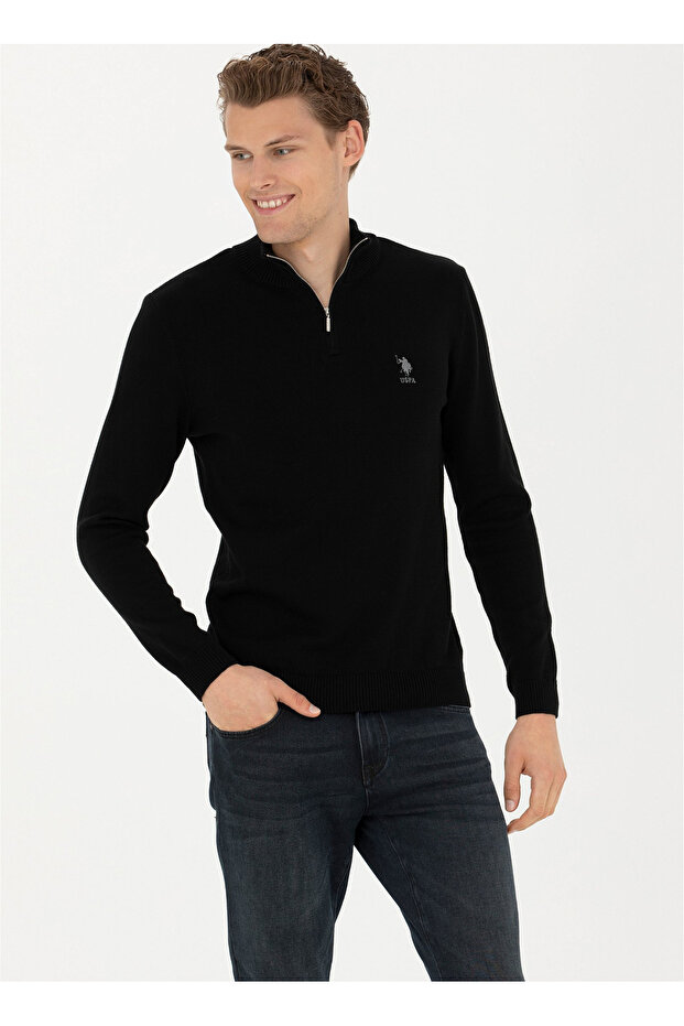 BASE. Polo Assn. Polo Collar Slim Fit Black Men's Sweater SADAB-SK23