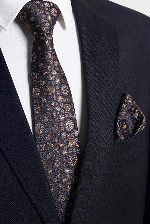 Hand Made 7.5 cm Beige Dark Blue Patterned Tie Handkerchief
