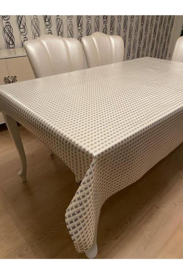 Şeffaf Kaplamalı Hasır Desenli Pvc Muşamba Masa Örtüsü Krem - 1