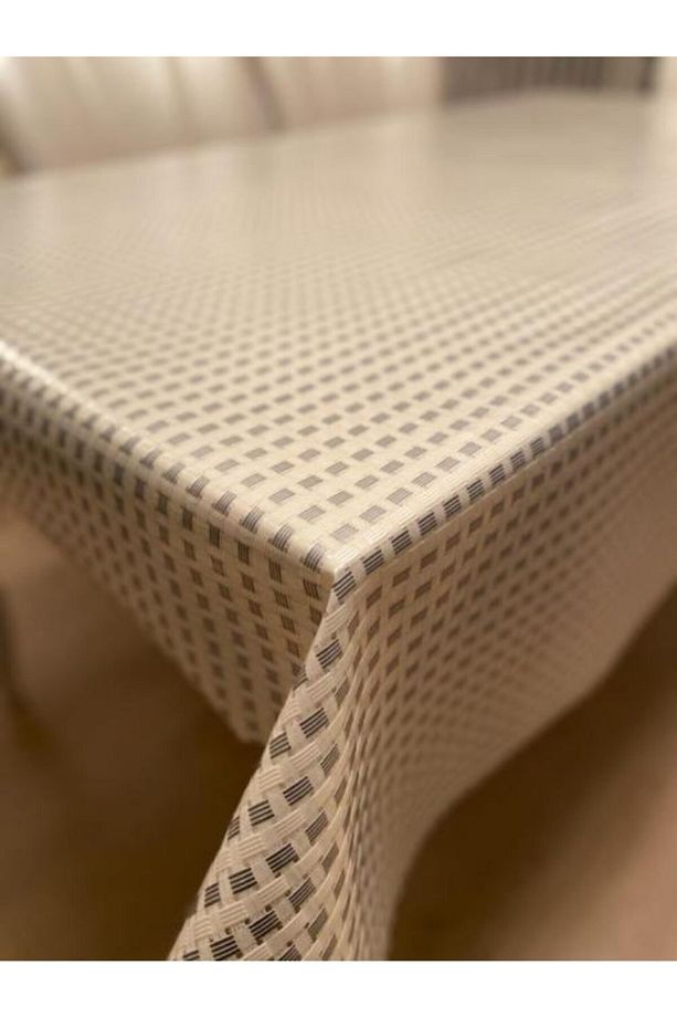 Şeffaf Kaplamalı Hasır Desenli Pvc Muşamba Masa Örtüsü Krem - 2