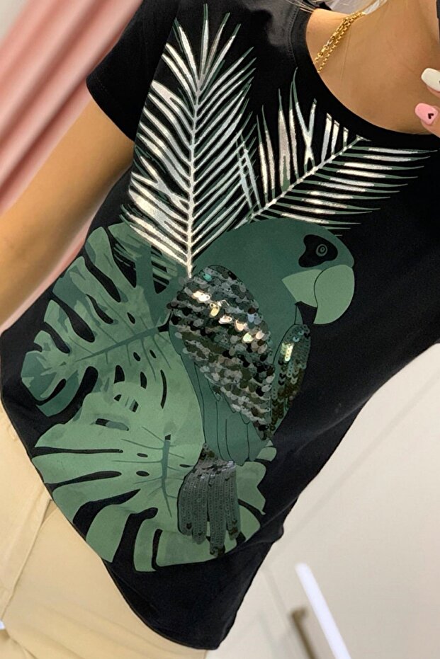 Women's Black Parrot Figured Sequin Embroidered Cotton T-Shirt