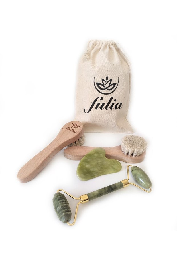 Jade Stone Gua Sha + Jade Stone Roller and Natural Horsehair Facial Brush 3-Piece Skin Care Set
