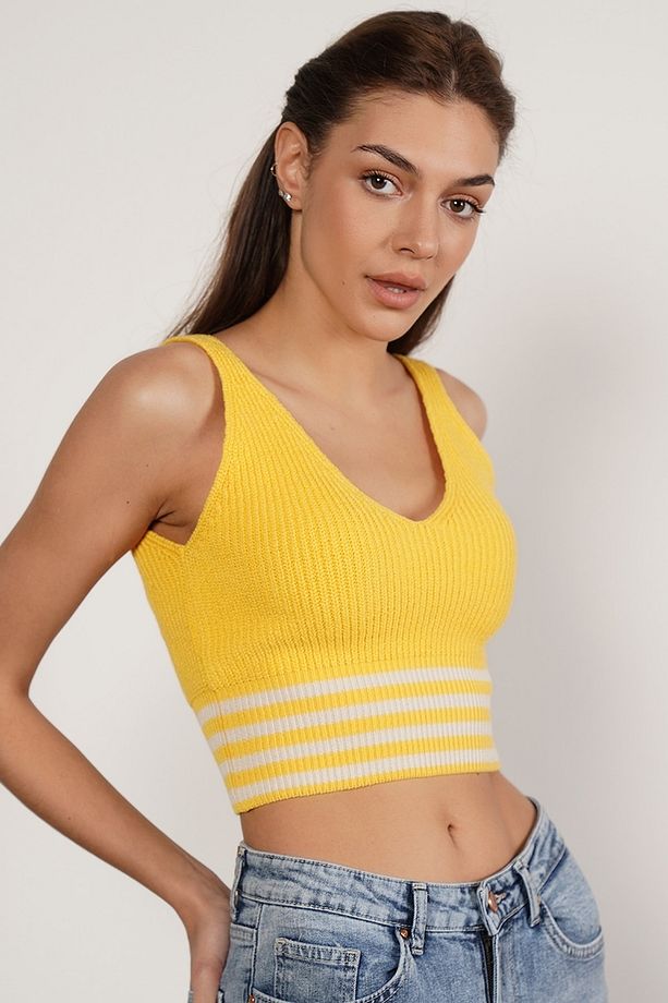 Sarı %100 Organik Pamuk Likralı Crop Triko Atlet Örme Bluz - 2
