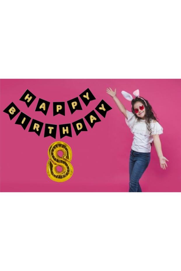 Gold 8 Year Old Happy Birthday Banner with Balloons