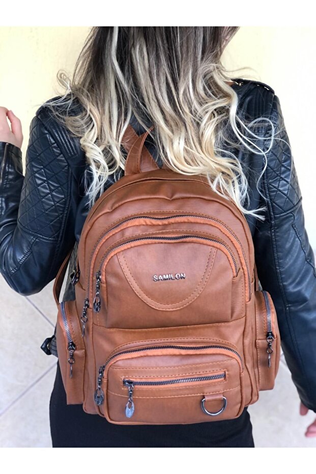 Dámský batoh Samılon Multi-Compartment Washed Leather Tan - 1