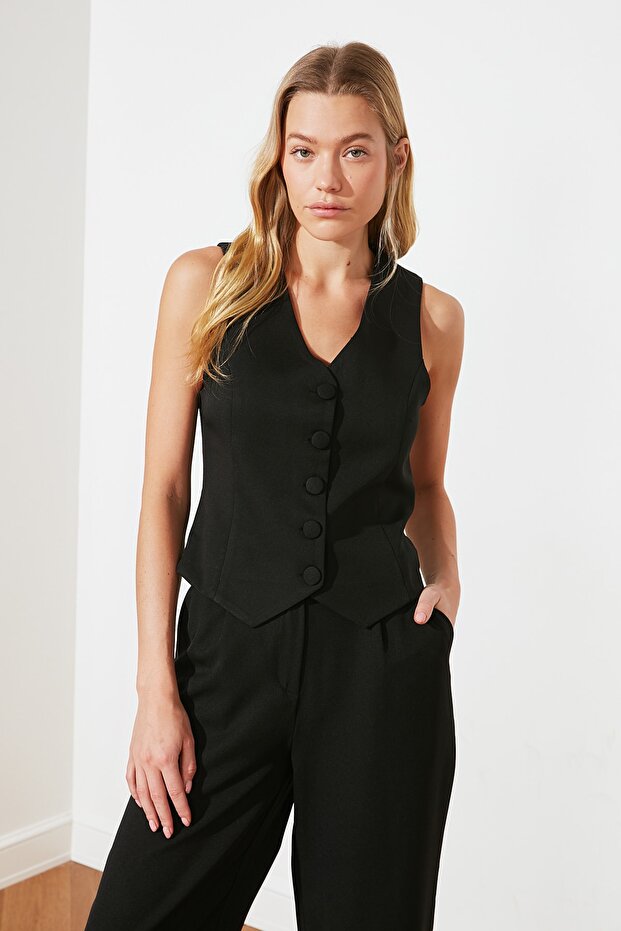 Black Fitted Buttoned Crop Woven Vest Twoss21Ye0009 - 6