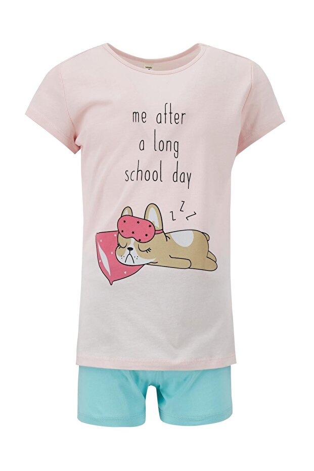 Girl's Turquoise Cat Printed Short Sleeve Pajama Set