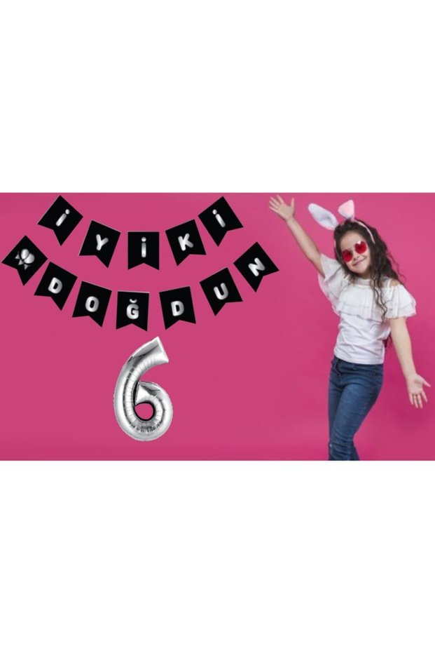 Silver 6 Year Old Happy Birthday Banner with Balloons
