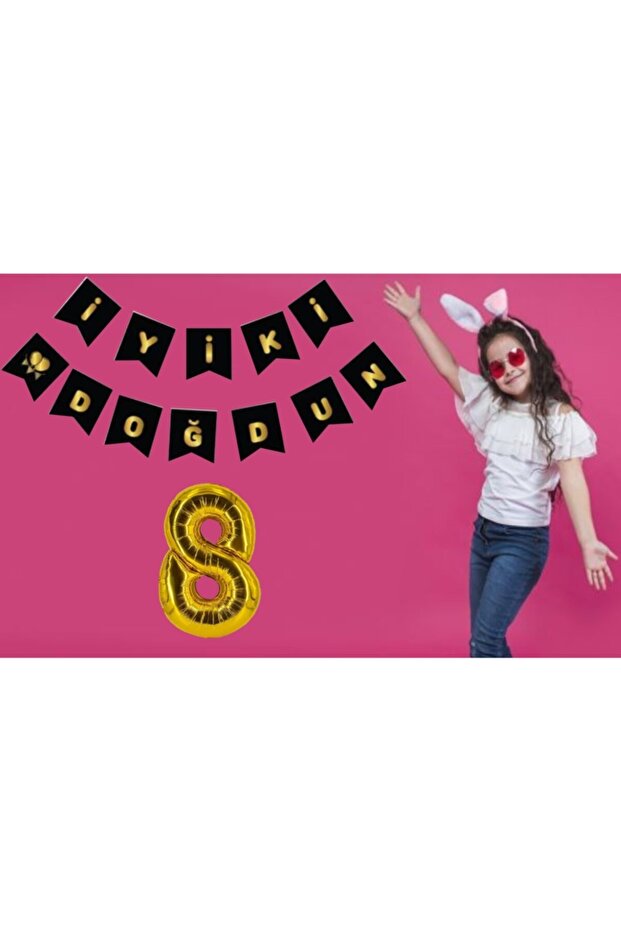 Gold 8 Years Old Happy Birthday Banner with Balloons
