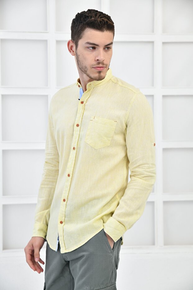 Men's Yellow Linen Modern Fit Sleeves Foldable Shirt with Pockets F5159