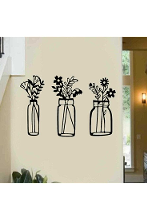 Mdf Ahşap Saksıda Çiçekler 3 Lü Set Duvar Dekoru Tablo - 2