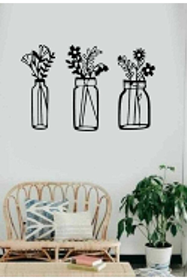 Mdf Ahşap Saksıda Çiçekler 3 Lü Set Duvar Dekoru Tablo - 3