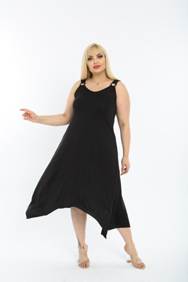 Plus Size Asymmetrical Cut Shoulder Buckle Detailed Strap Dress