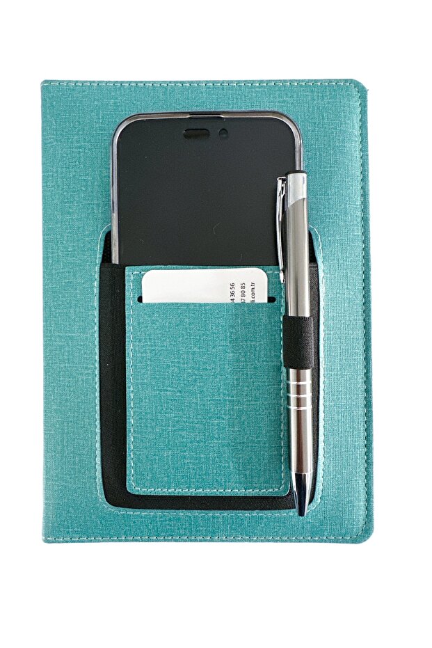 Thermo Leather Turquoise Notebook with Phone and Card Pocket Striped Undated Notebook with Pen Gift - 4