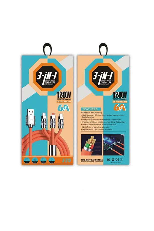 ALLY 3 in 1 Usb to Type-C + Micro Usb + Lightning 120W Hızlı Şarj Kablosu - 5