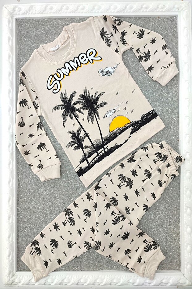 Unisex Beige Summer Written Palm Patterned Children's 2-Piece Combed Cotton Pajamas Set